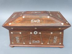 A Victorian mother of pearl inlaid rosewood tea caddy having two lidded compartments flanking a