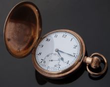 A gold plated full hunter keyless winding pocket watch with subsidiary seconds dial,