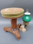 A small 19th/20thC oil lamp and three boxed wicks, adjustable table, a piano stool,