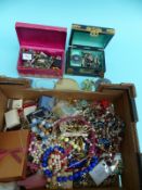 A collection of jewellery including a large quantity of beaded necklaces, brooches, Oriental box,