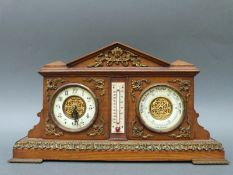 A c1900 French oak cased clock/barometer compendium with brass embellishments decorating the case