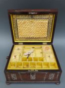 A Victorian mother of pearl inlaid rosewood workbox with lift out fitted tray