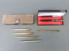 Eight fountain pens, propelling pencils etc including a pair of rolled gold Yard-o-led,