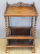 A Victorian three tier rosewood whatnot with pierced gallery,