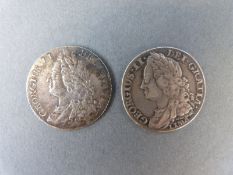 Two 1745 George II shillings, one with 'roses in angles' the other a LIMA example,