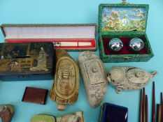A quantity of collectables to include scrimshaw style containers, lacquer box,