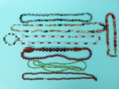 Six agate beaded necklaces including moss agate,