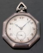 Art Deco silver keyless winding pocket watch with octagonal case, Arabic numerals,