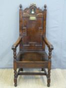 Oddfellows oak chair with carved motto Amicitia Amor Et Veritas