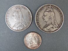 Three Victorian jubilee coins comprising 1889 crown, 1889 double florin,