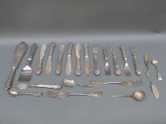 A set of six hallmarked silver handled fish knives and forks and a quantity of plated cutlery