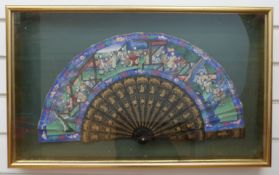 A 19thC hand decorated Chinese fan in glazed case,