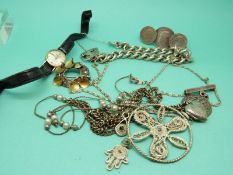 A 9ct gold Rotary watch, silver curb link bracelet, filigree necklace,