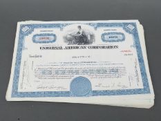 Approximately 100 (banded) Universal American Corporation USA 100 share certificates all blue for