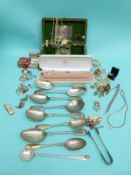 A collection of costume jewellery to include faux Lotus pearls, silver plate spoons,