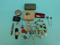 A hallmarked silver lidded pot, cheroot holder with silver collar, inlaid snuff box,