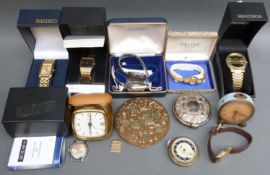 Eleven various wristwatches, pocket watches and travelling clocks including Seiko automatic,