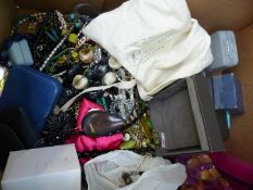 A collection of costume jewellery including silver necklaces, compact, shell necklaces,