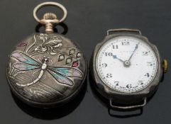 A silver fob watch set with enamel and red paste in the form of a dragonfly together with a silver