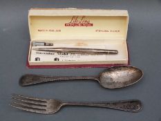 A Victorian hallmarked silver beaded edge fork and spoon, weight 110g,
