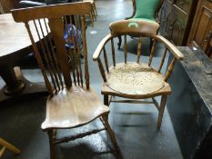 An oak Art Nouveau bobbin turned chair and a Windsor style armchair