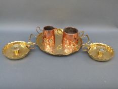 Arts and Crafts brass twin handled tray, copper jug,
