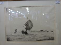 Charles William Cain (1893-1962) signed etching of fishing vessels off the coast in a choppy sea,