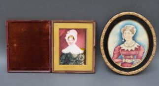 A 19thC portrait miniature on ivory of a lady with bonnet in leather case mount and one other