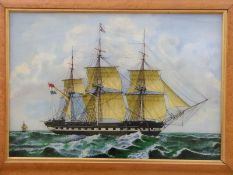 A reverse painted picture of a ship in birds eye maple frame,