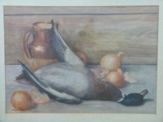 Elizabeth Holden watercolour 'Still Life of a Stoneware Jug, Mallard and Onions', signed lower left,