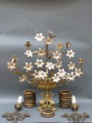 A brass and glass hanging hall light, ornate floral brass candelabra,