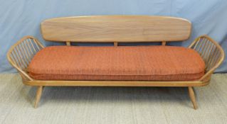 A retro Ercol light elm studio couch or sofa with original 1960/70's cushions (H77 x L207 x D76cm)