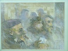 Robert King pastel 'Hymey's Bar, Spain', man smoking with further figures beyond,