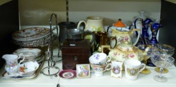 A large collection of ceramics, a pair of glass ewers, wooden box,