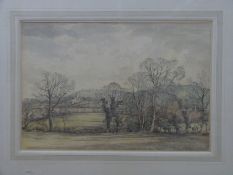 Sidney Mackenzie Litten (1887-1947) watercolour of elm trees, church and monument on a hill,