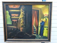 Oil on canvas of theatre scene with usherette by stairs with audience and show beyond,