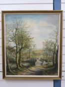 Attributed to Victor Elford: Oil on board of bridge over a river with trees and landscape beyond,