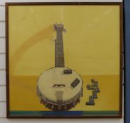 Nick Cudworth watercolour on paper laid on board of a banjo and dominoes,
