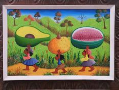 Modern acrylic on board people carrying novelty oversize fruit in a landscape,