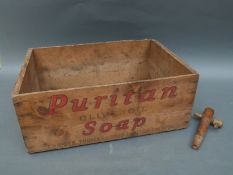 A wooden packing crate for Puritan Olive Oil soap and three flagons for Bristol and Birmingham