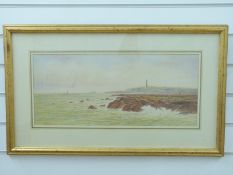 Edward Lewis 19th/early 20thC watercolour coastal seascape, with monument and shipping beyond,