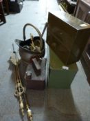 A set of brass fire irons, coal scuttle, jam pan, petrol can, retro drawer etc.