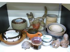 A quantity of studio pottery including a large cat impressed AN to underside, vase marked K Harding,