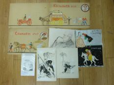 Neil Bennett pen and ink cartoon, colour designs for christmas greeting cards by Helen McKie,