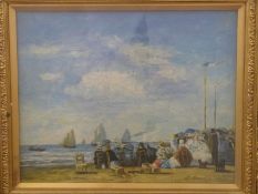 A 19th/20thC oil on canvas beach scene with a group watching boats, signed possibly E.