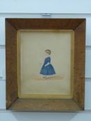 An unsigned Georgian watercolour of a young girl in a blue dress,