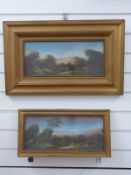 A pair of Victorian oil on board landscapes with figures in foreground,