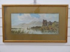 Edwin Earp watercolour ruined castle with lake and mountains beyond, signed lower right,