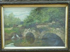 A 19th/20thC oil on board of a stream, ducks and stone bridge with lily pads, pencil AE verso.