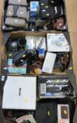 Three boxes of cameras and accessories to include Yashica, Ricoh, Palmat,